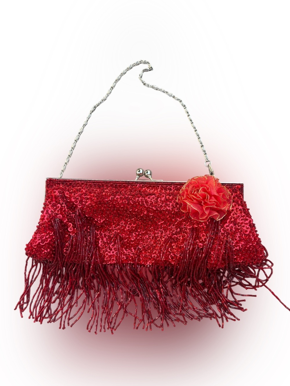Vintage Red Sequin Evening Clutch Fringe Flapper Glam